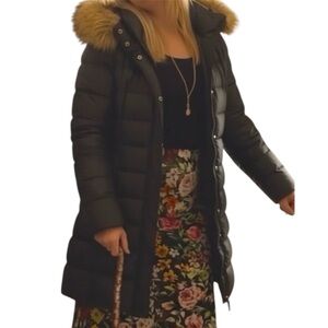KATE SPADE Black Puffer Coat with Removable Faux Fur Trim Hood Size Large